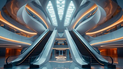 Stunning modern futuristic building interior, showcasing sleek architecture with innovative design elements and ambient lighting, AI Generative