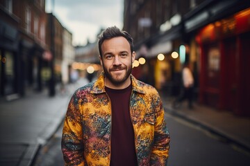 Handsome bearded man in a fashionable jacket on a street in London.