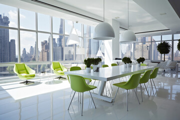 A bright and airy meeting room with floor-to-ceiling windows, sleek white furniture, and pops of...