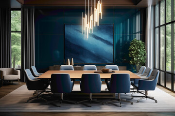 A modern meeting room with a monochromatic color scheme of varying shades of blue, sleek metallic accents, and a large conference table for productive discussions.