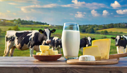 A farm with Holstein cows. Image material with milk, cheese, banner dairy products lined up. - obrazy, fototapety, plakaty