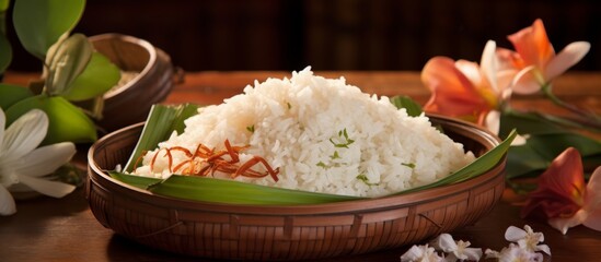 A bowl of white rice, a staple food, sits on a wooden table next to flowers. This jasmine rice, a...