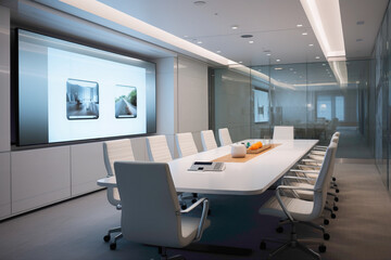 A modern meeting room with a clean white color scheme, recessed lighting, and a large video conference screen for seamless virtual collaboration.