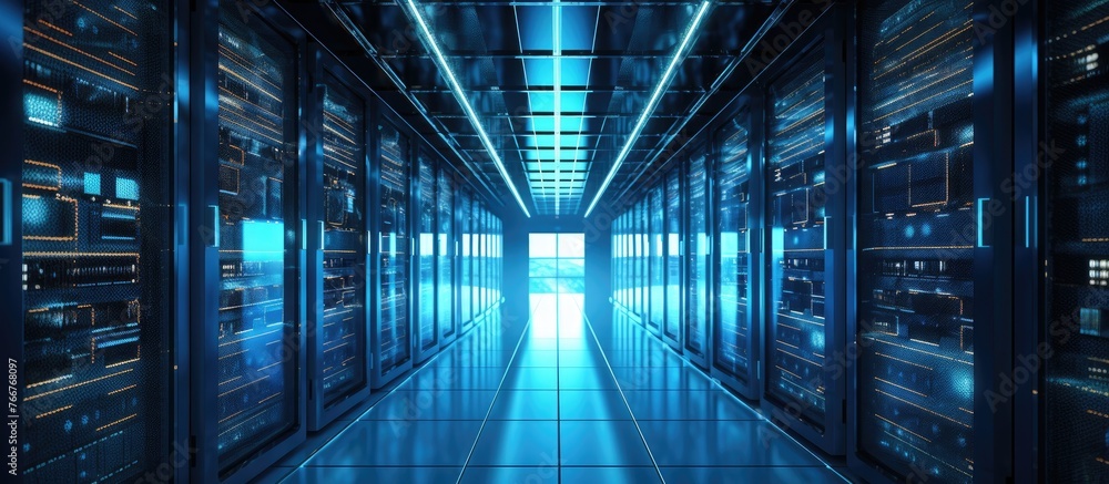 Poster a symmetrical array of electric blue servers lines the rectangular hallway in the data center, casti