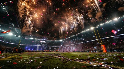 A sea of confetti and a brilliant display of fireworks create a stunning backdrop for the stadium celebration. - obrazy, fototapety, plakaty