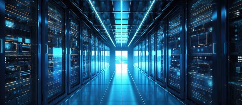 A symmetrical array of electric blue servers lines the rectangular hallway in the data center, casting tints and shades in the darkness resembling a city art fixture