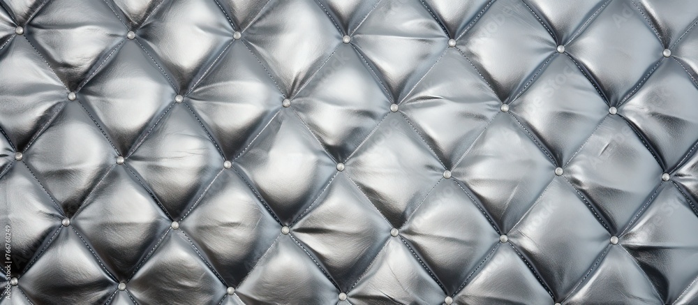 Poster a detailed shot of a grey composite material with a quilted pattern resembling wire fencing, creatin
