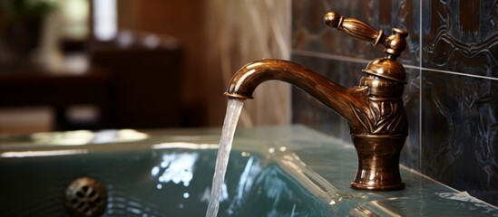 A plumbing fixture in a bathroom with a sink and tap, water running from the faucet. The glasslike font of the tap resembles a windshield in a car
