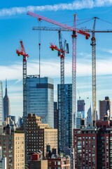 Construction cranes towering over a cityscape, symbolizing progress and development in urban environments, Generative AI