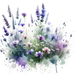 the watercolor painting featuring wildflowers and lavender fields, set in a dreamy and delicate landscape
