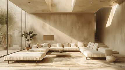 Modern Living Room Interior with Sunlight and Wooden Elements