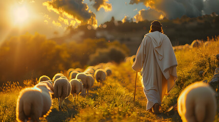 Shepherd Jesus Christ leading the sheep and praying to God in a bright, sunlit field.