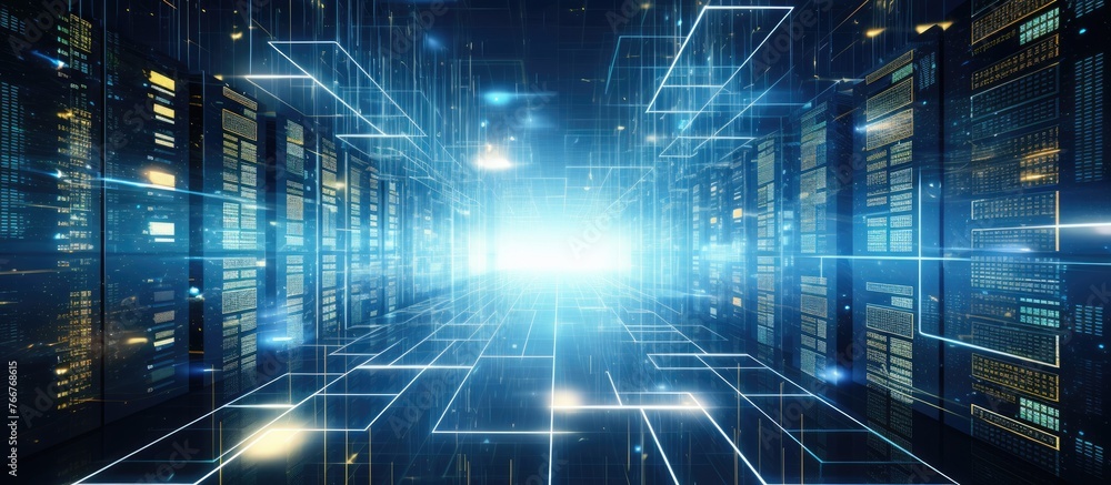 Poster a computergenerated image of a data center with an electric blue light at the end of a tunnel, showc