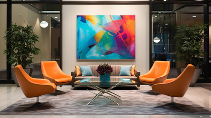 A modern meeting area with a blend of glass and metal elements, accentuated by vibrant pops of color in the upholstery and artwork, exuding a vibrant yet professional ambiance.