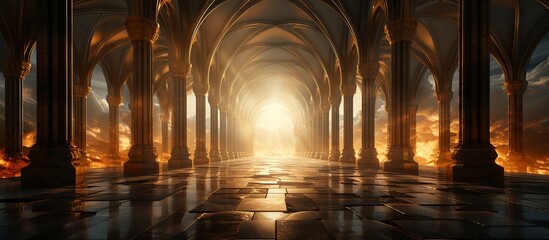 3D illustration of fantasy portal corridor with portal and columns at sunset - obrazy, fototapety, plakaty