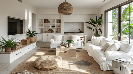 Modern Living Room with Natural Light and Woven Decor