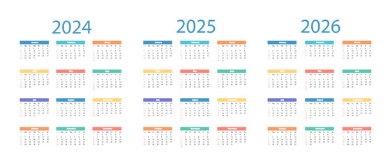 Simple Calendar 2024, 2025, 2026. Week Starts on Sunday. Stationary Template with 12 Months.