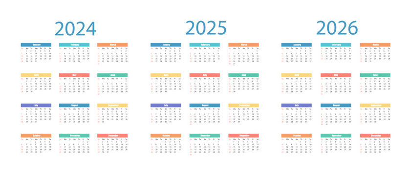 Simple Calendar 2024, 2025, 2026. Week Starts on Sunday. Stationary Template with 12 Months.