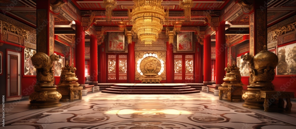 Poster the building features a large room with a stunning chandelier as a focal fixture. the intricate desi