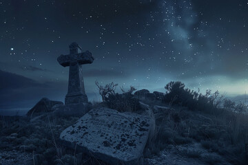 A tombstone on a hill at night --ar 3:2 Job ID: 77d4ef30-6b97-479c-917a-275449e6ae4c - obrazy, fototapety, plakaty