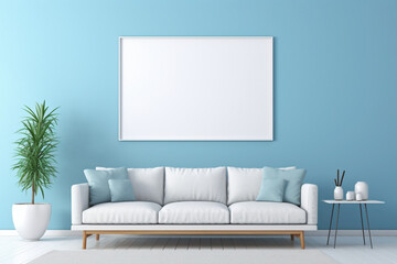 A modern living room in vibrant sky blue shades, showcasing a white empty frame against a backdrop of clean lines and contemporary decor.