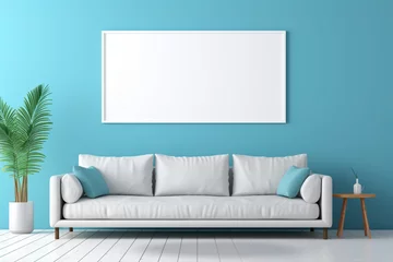 Fototapeten A modern living room in vibrant sky blue shades, showcasing a white empty frame against a backdrop of clean lines and contemporary decor. © LOVE ALLAH LOVE