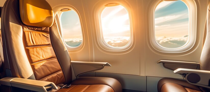 Airplane interior with seats and window view at sunset