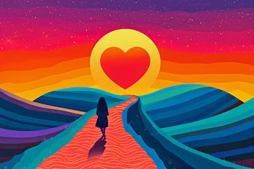Fotobehang woman walking down a path towards heart shaped sunset, confident woman going forward with her life goals illustration © SachiDesigns