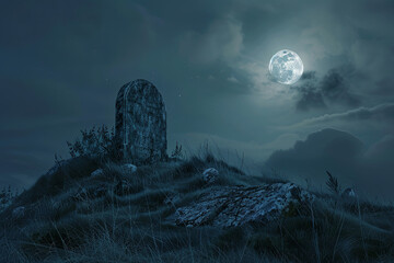 A tombstone on a hill at night --ar 3:2 Job ID: 08813ac3-674c-4d8f-885f-371d6ec6bd43 - obrazy, fototapety, plakaty