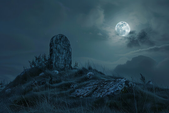 A tombstone on a hill at night --ar 3:2 Job ID: 08813ac3-674c-4d8f-885f-371d6ec6bd43