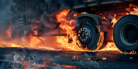 Truck trailer disaster with burning wheels from overheated brakes - obrazy, fototapety, plakaty