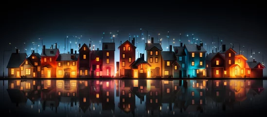 Foto op Plexiglas Night city with houses and reflection on the water © KRIS