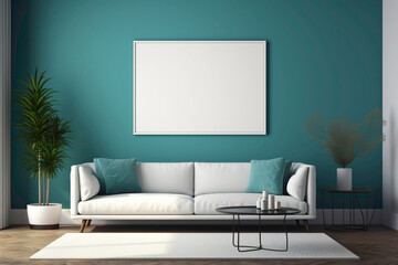 A modern living room bathed in vibrant teal hues, showcasing a white empty frame against sleek, minimalist design elements.