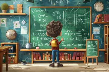 A boy is standing in front of a green chalkboard with math problems on it. He is holding a pencil and he is focused on solving the equations. The room is filled with books and a clock on the wall - obrazy, fototapety, plakaty