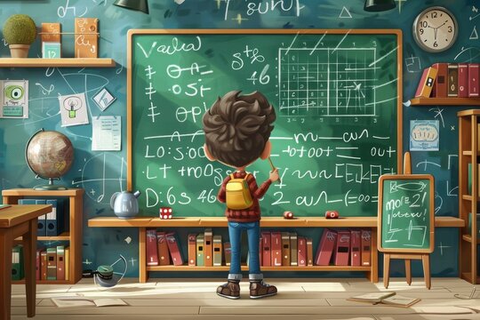 A boy is standing in front of a green chalkboard with math problems on it. He is holding a pencil and he is focused on solving the equations. The room is filled with books and a clock on the wall