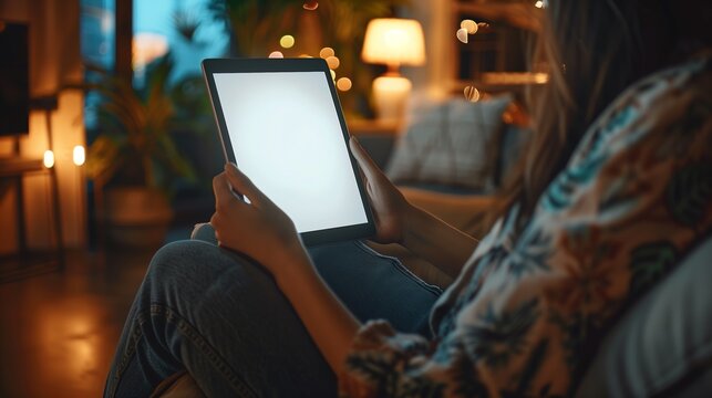Close-up of a woman's hands using a digital tablet with blank screen. Technology, communication, and connectivity concept.