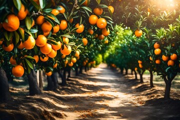 orange tree with oranges and leaves in a garden with beaytiful view of rad generated by AI - obrazy, fototapety, plakaty