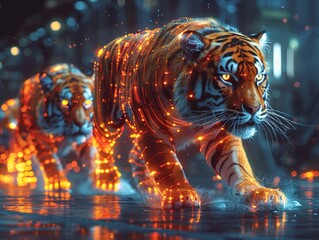 Futuristic concept depicting cybernetic tigers with glowing eyes, jumping through holographic hoops in a hightech arena , graphic design