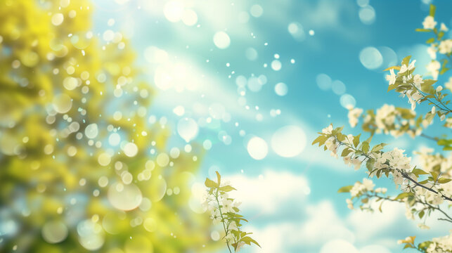 Beautiful blurred background image of spring nature with surrounded by trees against a blue sky with clouds on a bright sunny day