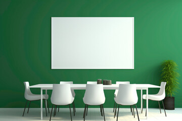 A modern green meeting room with a blank white empty frame.