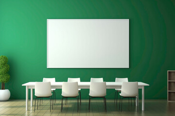 A modern green meeting room with a blank white empty frame.