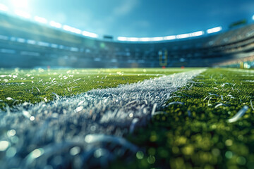 Detailed shot of American football stadium, closeup on field and stands, vibrant sports scene