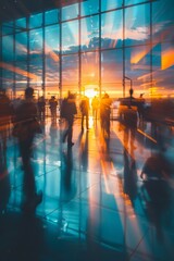 Dynamic airport scene, people in motion blur, airplane setting, travel vibe, text space