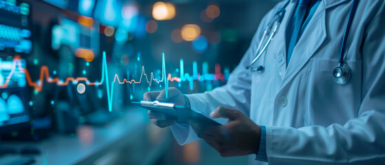 ECGEKG cardio graph in hospital scene, doctor analyzing, heart health focus - obrazy, fototapety, plakaty