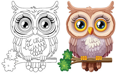 Vector illustration of an owl, colored and line art.