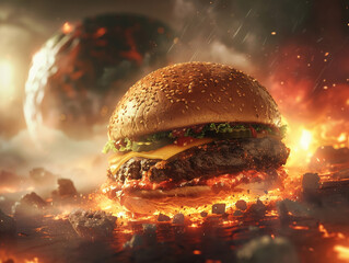 Gourmet hamburger takes center stage, with a devastating meteorite background, intense - obrazy, fototapety, plakaty