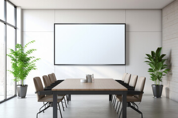 A modern conference room setup with a clean design and a bright, empty frame on the wall, exuding a professional ambiance.