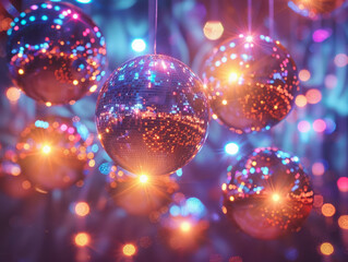 Glittering disco balls at night club party, dynamic light show, celebratory mood