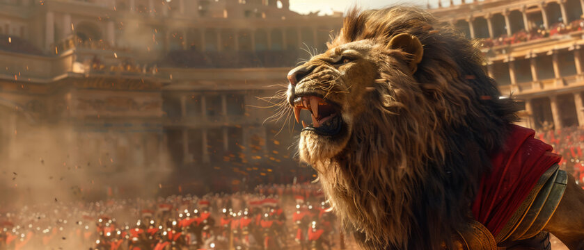 Dramatic cinematic shot, gladiator facing a roaring lion in the arena, high tension