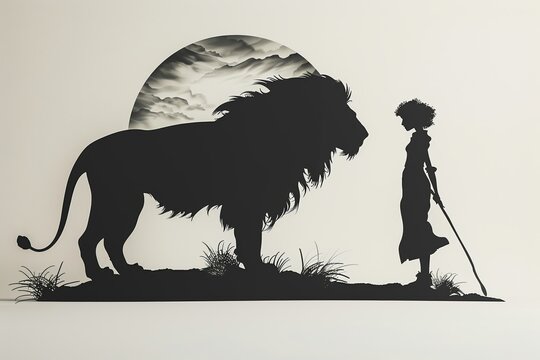 Minimalist illustration emphasizing the bold silhouettes of a lion tamer with a whip and chair, set against a stark, contrasting background for dramatic effect , soft shadowns